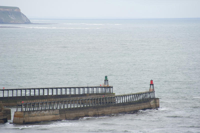 Breakwaters at Whitby with port and starboard beacons on them to guide incoming boats and aid in navigation