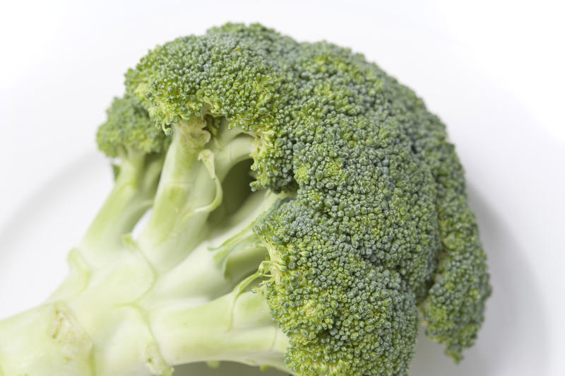 Head of fresh broccoli showing the mass of tiny florets or flower buds and edible stalk, over white