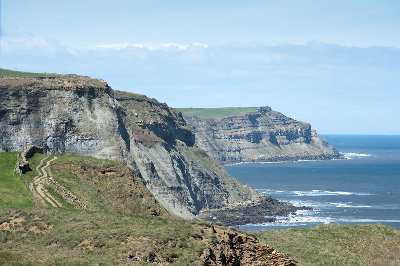 View of coastal cliffs with the Cleveland Way, a footpath running along the North Yorkshire coastline