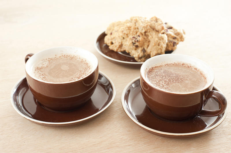 Delicious frothy coffee for two served in generic brown ceramic cups and saucers with a plate of crunchy cookies