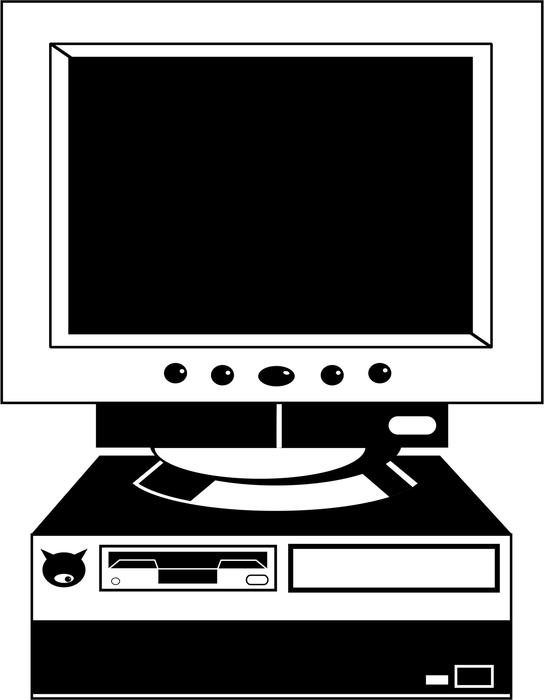 <p>Black and white old style desktop computer illustration.</p>
