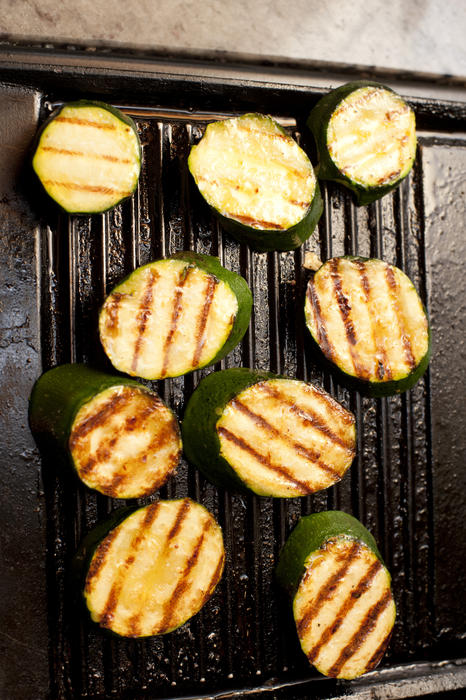 Nine grilled zucchini. From above