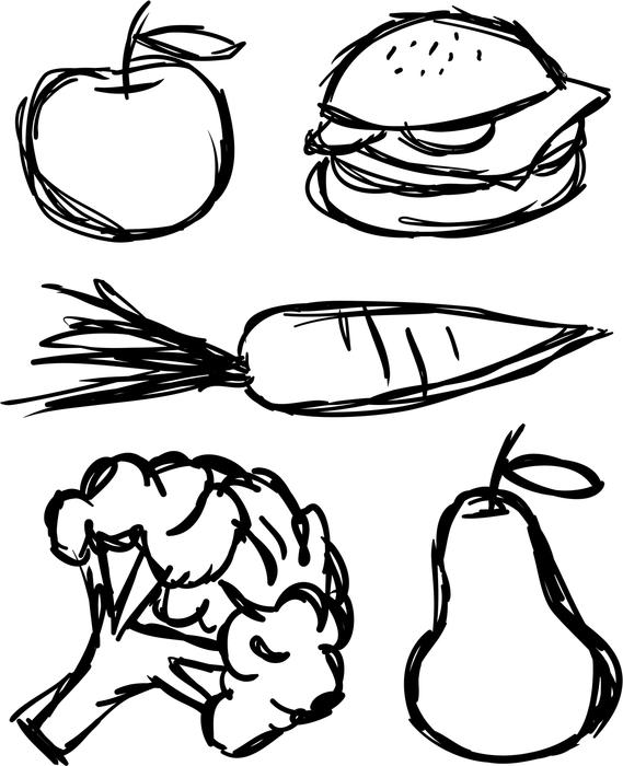 <p>Sketched food items including a apple, burger, carrot, pear and broccoli sprig.</p>
