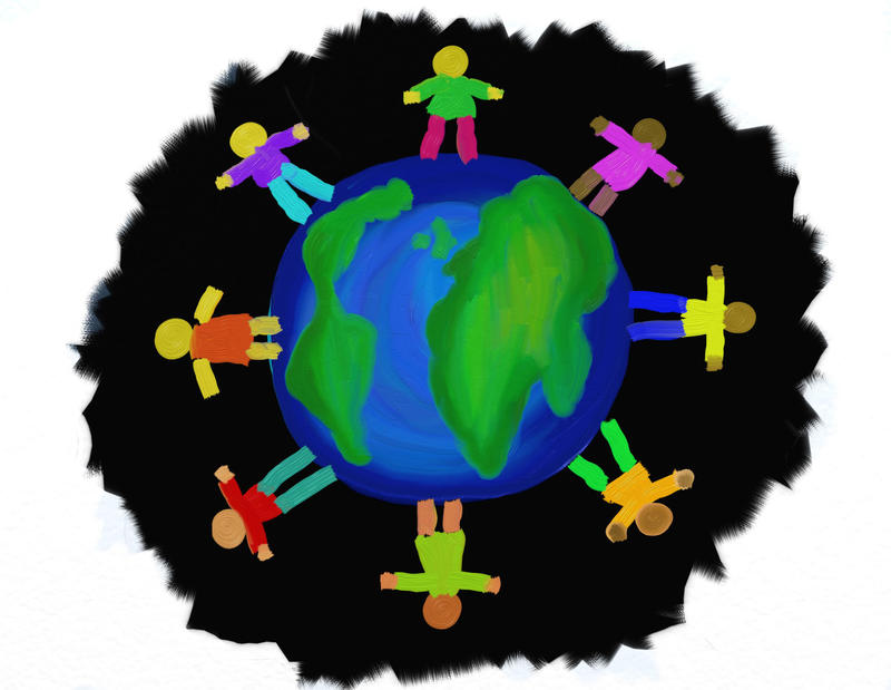 <p>Painted illustration of stick people standing around the world clip art illustration.</p>
