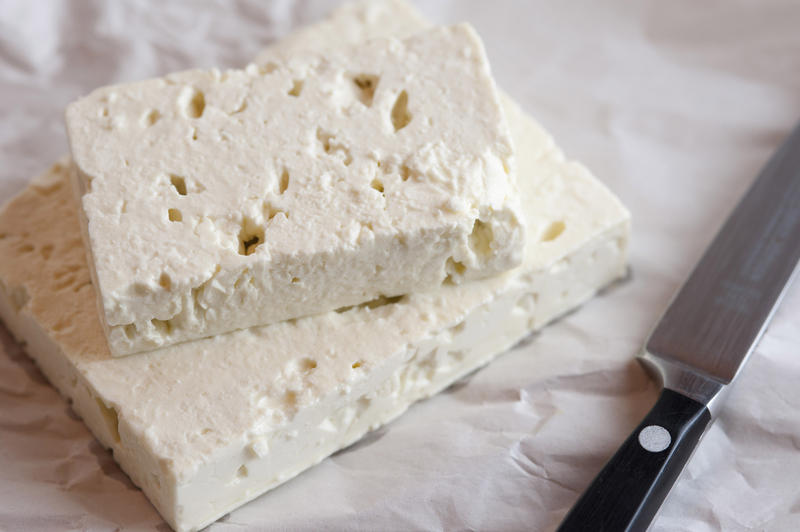 Traditional Greek feta cheese, a semisoft crumbly white cheese made from sheep or goats milk