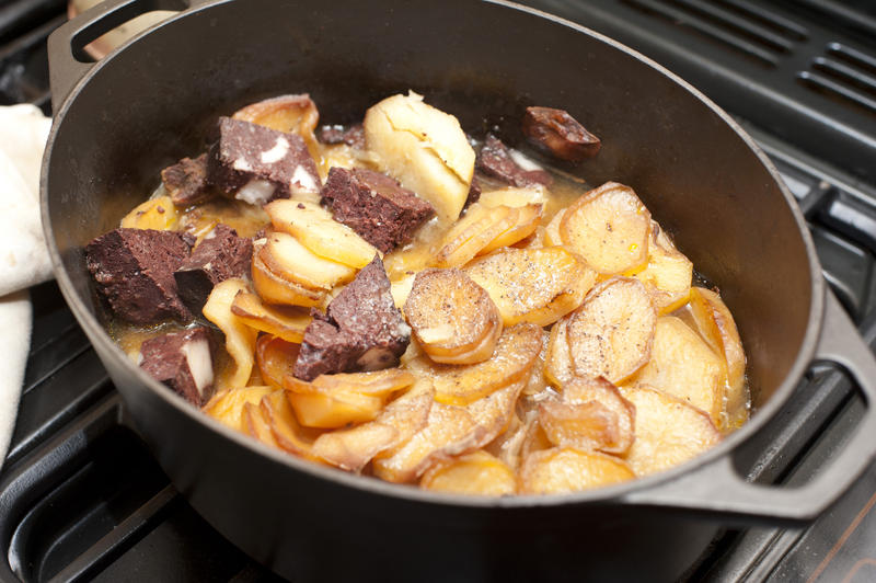 Casserole with Lancashire Hot Pot, a stew made with beef or lamb and potatoes, ready to be served for dinner