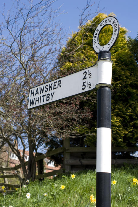 Old signpost at Robin Hoods Bay is a small fishing village and a bay located within the North York Moors National Park