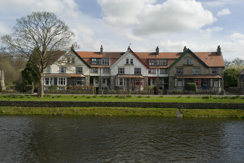 Traditional English architecture in Kendal, Cumbria overlooking the River Kendall as it flows through this picturesque market town