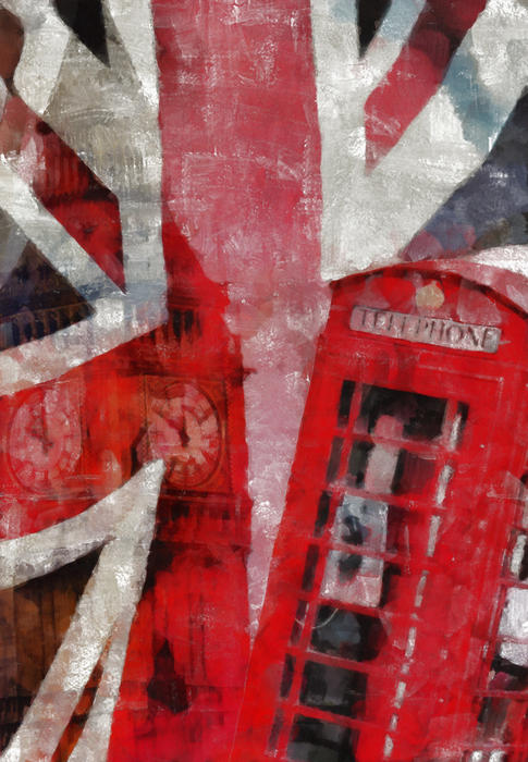 <p>London collage painting with the Union Jack flag, a British telephone box and Big Ben.</p>
