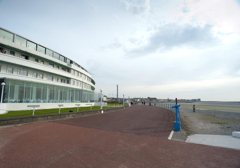 Front facade of the iconic Art Deco Midland Hotel on the seafront on the Morecambe Promenade in Lancashire