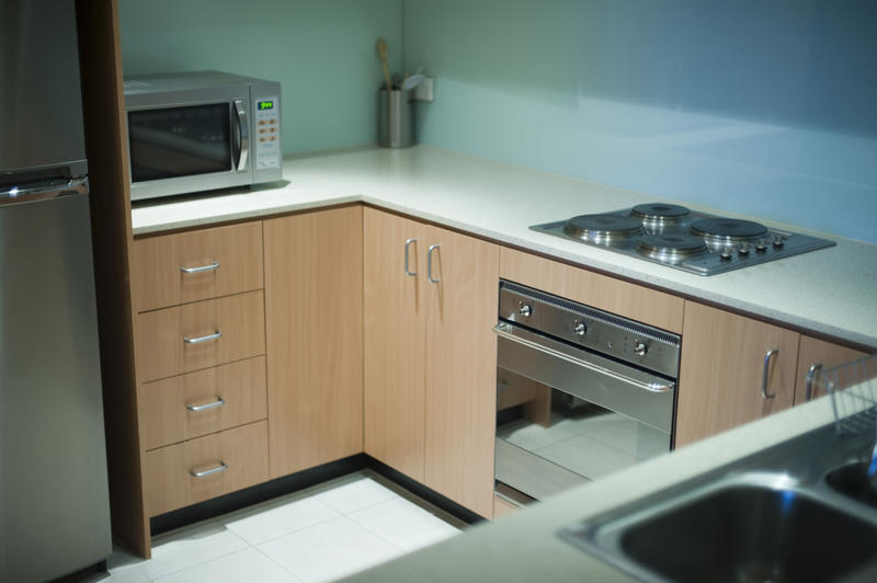 Neat compact modern kitchen with a fridge, undercounter stove and hob, sink and microwave and wooden cabinets