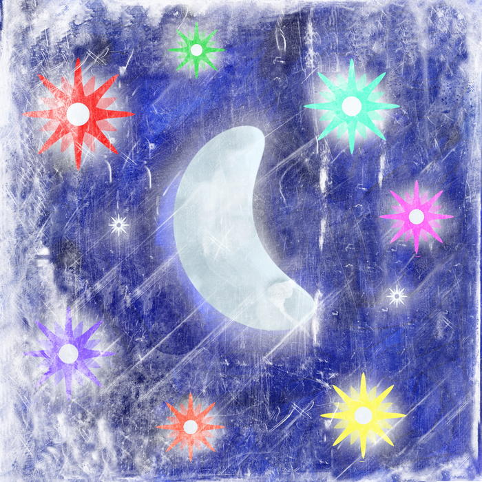 <p>Textured grunge moon and stars night painting.</p>