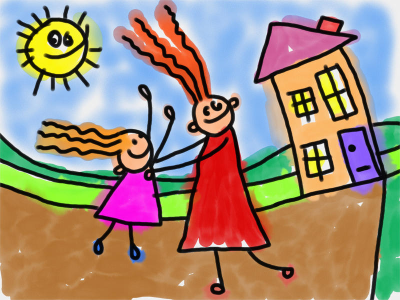 <p>Mother and daughter cartoon watercolour doodle drawing.</p>