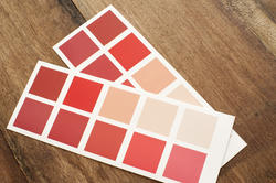 10154   Two paint color cards on a wooden table