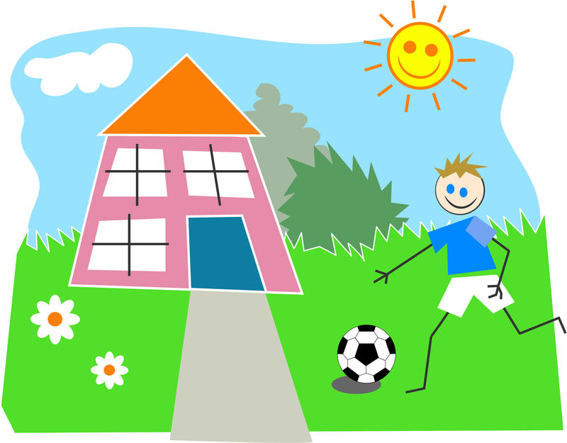 <p>Stick kid drawing of a boy playing soccer in his garden.</p>
