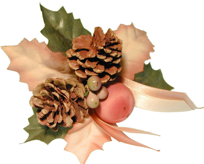 Festive Christmas bundle with pine cones, a bauble and beige and green leaves isolated on white to celebrate the Xmas season