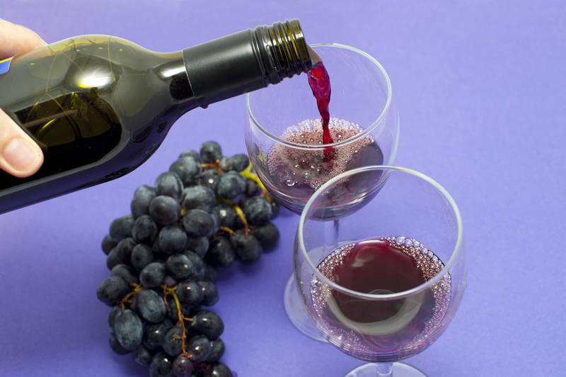 Man pouring a glass of red wine from a bottle into a wineglass with a bunch of fresh black rapes alongside in a viticulture concept