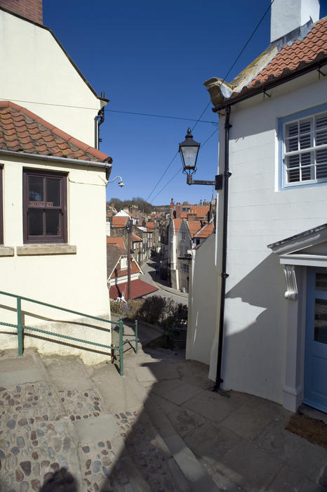 Quaint houses in Robins Hoods Bay, a picturesque fishing village built on a hillside overlooking the ocean on the Yorkshire coast