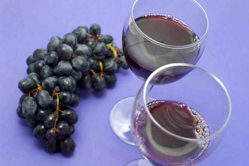 Still life of bunch of grapes and two wine glasses with Bordeaux