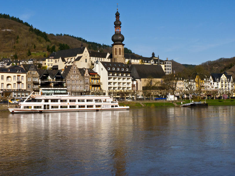 <p>Riverboat-Moored-Mosel Valley.jpg </p>Cochem, Germany on the Mosel river and on a bright spring morning a riverboat loads passengers for its first trip.