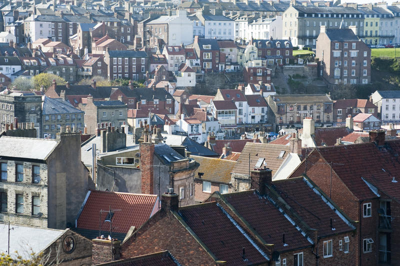 Rooftop view of the architecture and buildings of the historical fishing town of Whitby in North Yorkshire