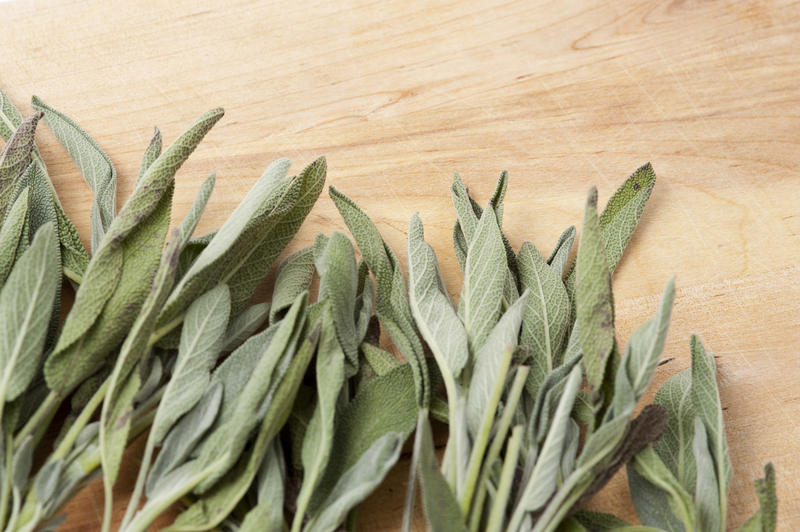 Fresh leaves of sage, an aromatic herb used as a seasoning and flavouring in cooking, on a wooden background with copyspace