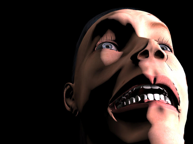 <p>3d digital illustration of a close up of a person with a fearful look on their face.</p>