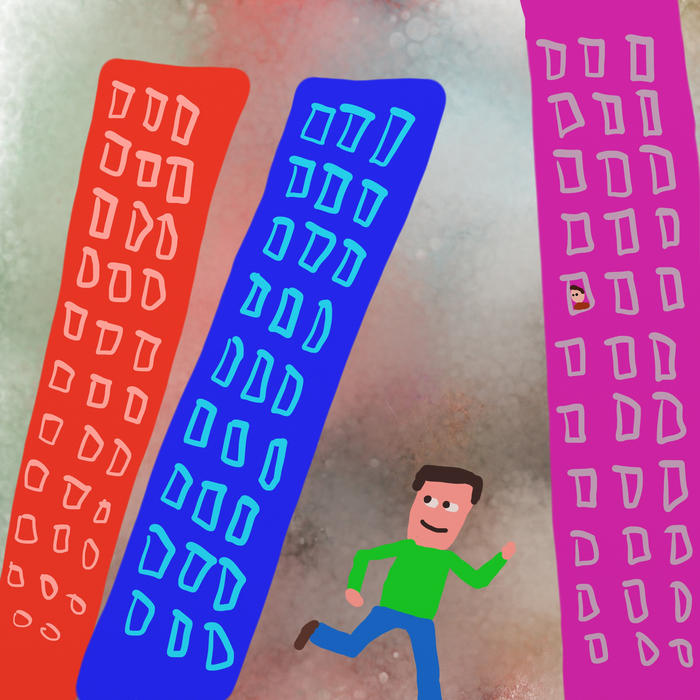 <p>A man running in the city amongst tall skyscraper buildings.</p>