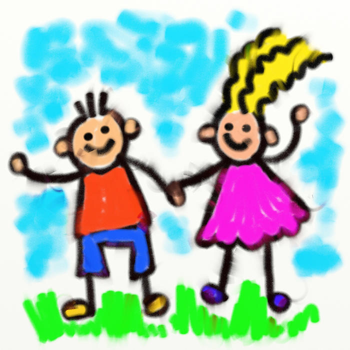 <p>Cartoon smudgy chalk drawing of little stick children holding hands.</p>
