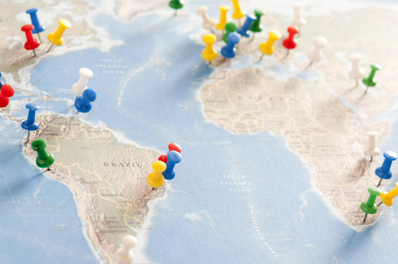 Destination Concept - Close up Colored Pins Pinned on South Atlantic Map