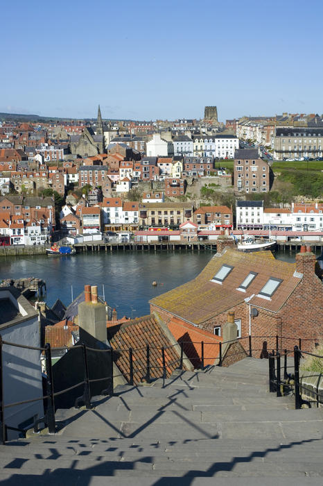 View of the harbour and town from the 199 Steps in Whitby which lead from Church Street in the town up Tate Hill to St Mary's Church