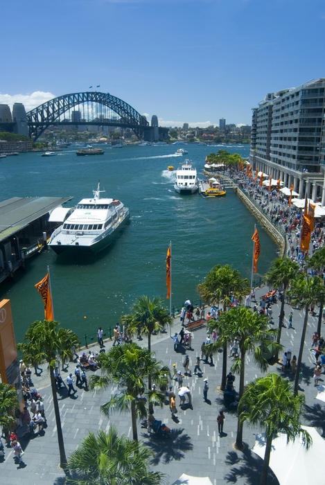 Aerial Shot of Cruise Ships on ort Jackson in Sydney Australia with Random Tourists on the Side