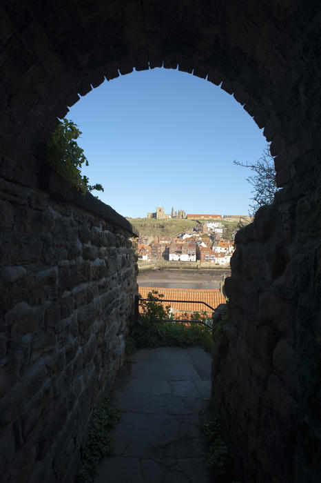 View of Whitby in St Marys Arch against the blue sky background