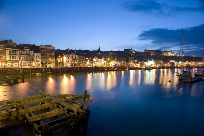 St Ann's Staith, Whitby, lit up at night