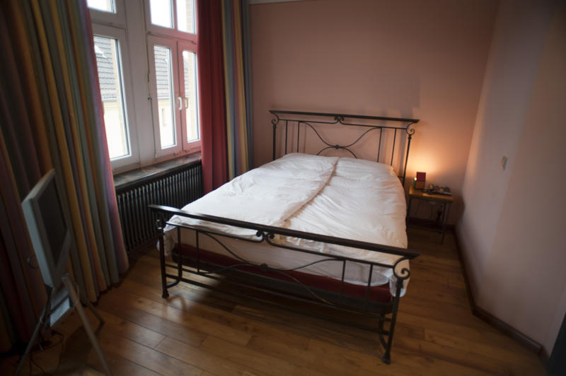 Minimalist bedroom with a hardwood floor and classic double wrought iron bedstead with large windows