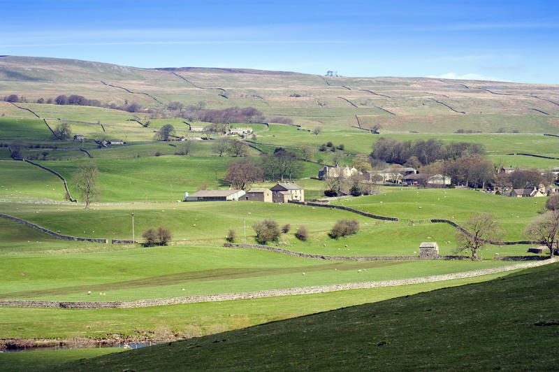 View of the gently rolling lush green hills of the Yorkshire Dales near Wensleydale with a remote farm surrrounded by pastures