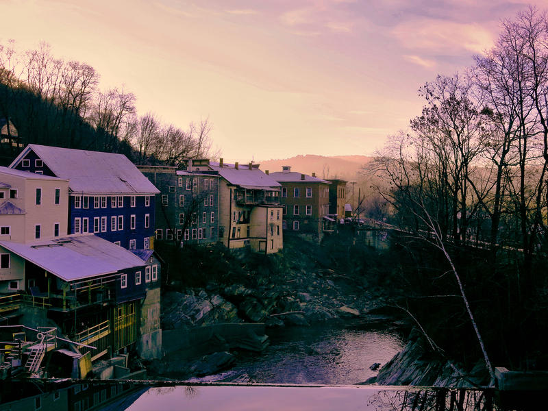 <p>The back side of downtown Bethel, VT buildings on the river early in the morning.</p>