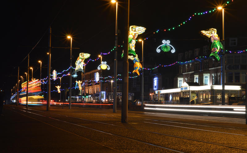 <p>Blackpool Illumination tram speeding along.</p>

<p>More photos like this on my website at -&nbsp;https://www.dreamstime.com/dawnyh_info</p>
Blackpool Illuminated Tram speeding