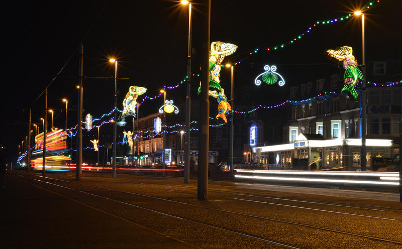 <p>Blackpool Illumination tram speeding along.</p>

<p>More photos like this on my website at -&nbsp;https://www.dreamstime.com/dawnyh_info</p>
Blackpool Illuminated Tram speeding