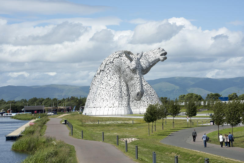 Landscape view of the Kelpies, Falkirk, Scotland a sculpture depicting two horse heads and a popular tourist attraction