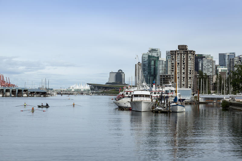 <p>Rowers racing in Coal Harbour, Vancouver, British Columbia</p>
