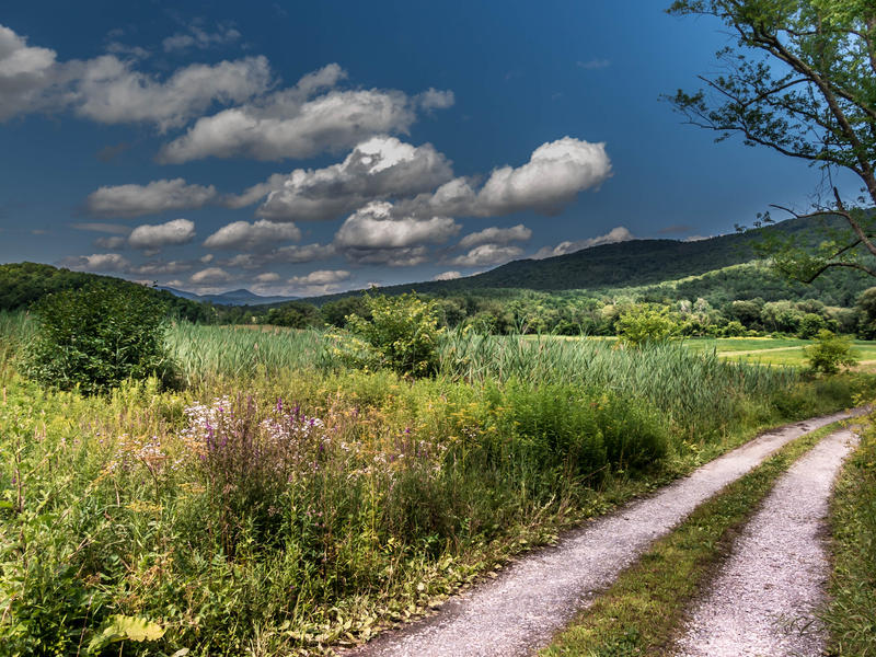 <p>Summer in rural Vermont on a country road with big clouds and lush vegetation. </p>