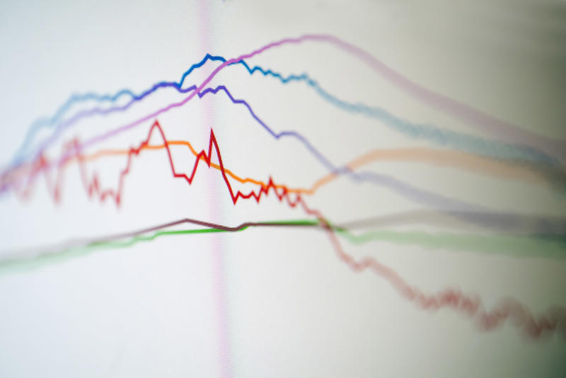 Data acquisition colored graphs close-up in selective focus image