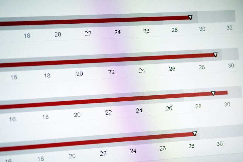 Data monitor logging, close-up image of computer monitor with red graphs