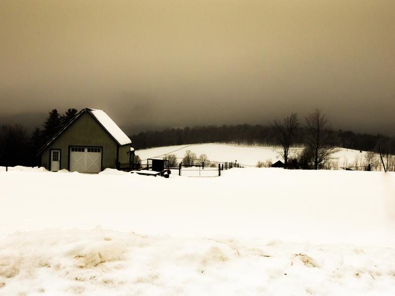 <p>Barn in the snow after the rain, in winter in rural vermont. Sepia.</p>