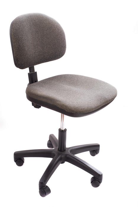 Brown upholstered office chair on an adjustable wheeled base isolated on white in a side view