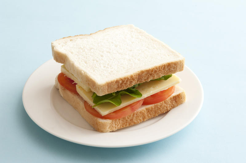 Tasty cheese and tomato sandwich snack with lettuce on two slices of fresh white bread served on a plate