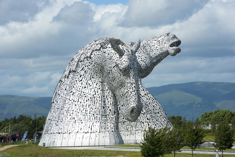 Rearing Horse Heads of The Kelpies Sculpture, a Monument to Horse Powered Industry in Scottish Heritage, in Countryside of Falkirk, Scotland