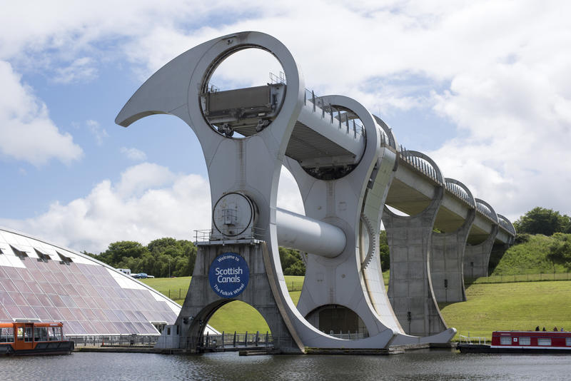 Close Up of the Falkirk Wheel, a Unique Rotating Boat Lift Connecting the Forth and Clyde Canal with the Union Canal, near Falkirk, Scotland on Sunny Day