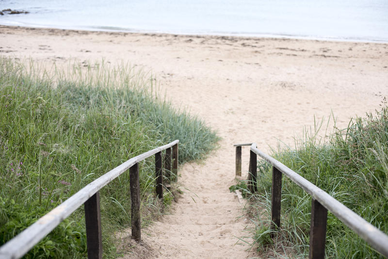 Pathway down to the beach, Fife Coast, Scotland leading down between rustic wooden railings to the golden sand below